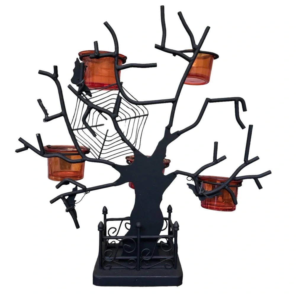 Pottery Barn Black Spooky Halloween Tree Candle Holder Luminary